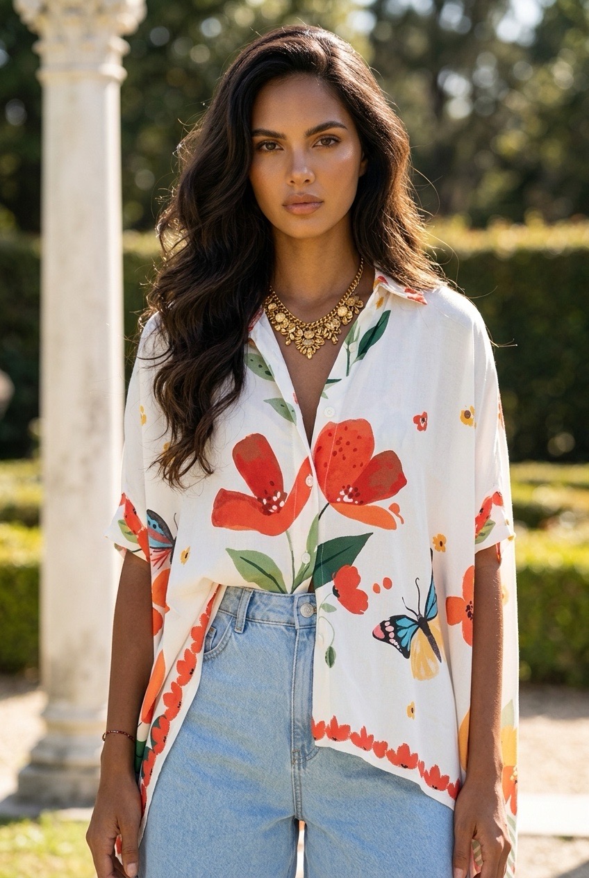 'VARVÁRA' CHEMISE PONCHO FLEURS