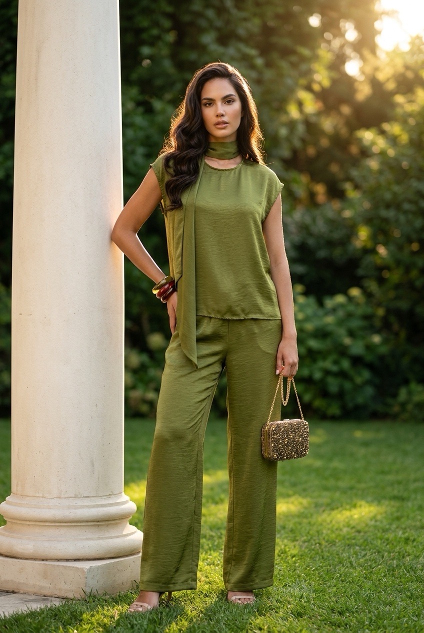 'ANCÔNE' ENSEMBLE SATINÉ KAKI